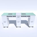 TAVOLO MANICURE CON ASPIRATORE DOPPIA POSTAZIONE IN VETRO E CASSETTIERA PER CENTRO ESTETICO ESTETISTA DUE OPERATORI KEOPALIA KE135850 DOUBLE
