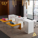 Tavolo manicure doppia postazione con aspiratore per estetista centro estetico legno laccato bianco 3 cassettiere linea Regin mod. Keopalia Ke131050