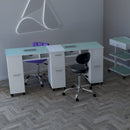 TAVOLO MANICURE CON ASPIRATORE DOPPIA POSTAZIONE IN VETRO E CASSETTIERA PER CENTRO ESTETICO ESTETISTA DUE OPERATORI KEOPALIA KE135850 DOUBLE