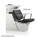 LAVATESTA PER PARRUCCHIERE POLTRONA IN PELLE LAVABO VASCA BASCULANTE IN CERAMICA PER SALONE CAPELLI ALPHA