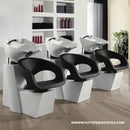 LAVATESTA PER PARRUCCHIERE POLTRONA IN PELLE LAVABO VASCA BASCULANTE IN CERAMICA PER SALONE CAPELLI WAWE