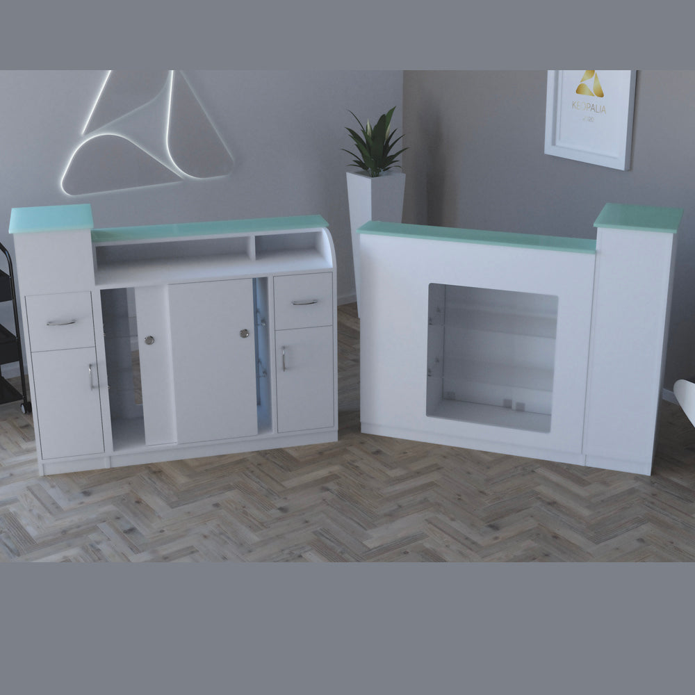 BANCO CASSA RECEPTION CON VETRINA PER CENTRO ESTETICO ESTETISTE CENTRO  BENESSERE SPA LEGNO BIANCO E VETRO LUXORY KEOPALIA KE133030, image size:1000x1000